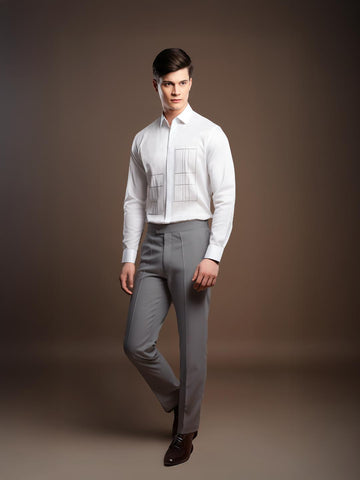 White Geometric Embroidered Smart Casual Designer Shirt For Men by HE SPOKE