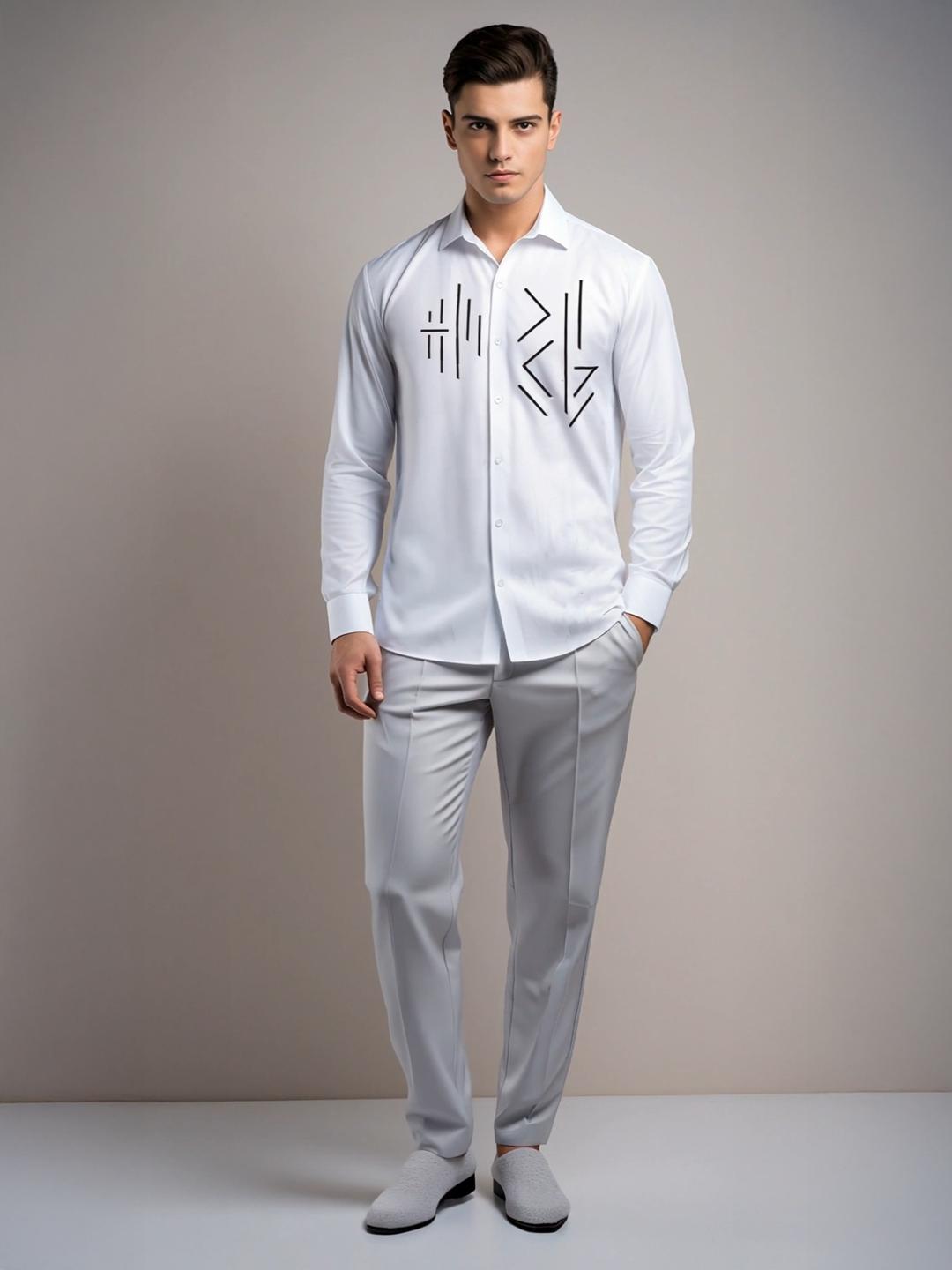 White Geometric Embroidered Casual Designer Shirt For Men by HE SPOKE