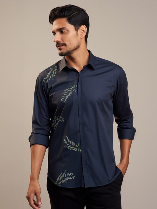 Navy Abstract Printed Casual Designer Shirt For Men by HE SPOKE