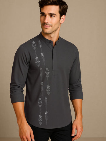 Grey Ethnic Motifs Printed Daily Designer Kurta For Men by HE SPOKE