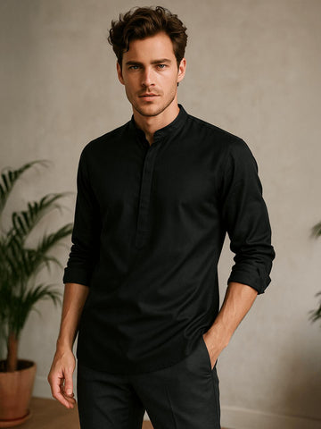 Black Solid Daily Designer Kurta For Men by HE SPOKE
