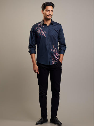 Navy Floral Printed Casual Designer Shirt For Men by HE SPOKE