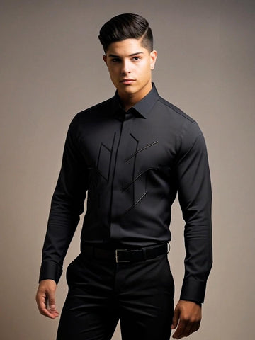 Black Geometric Embroidered Party Designer Shirt For Men by HE SPOKE
