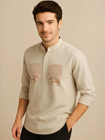 Cream Animal Printed Daily Designer Kurta For Men by HE SPOKE