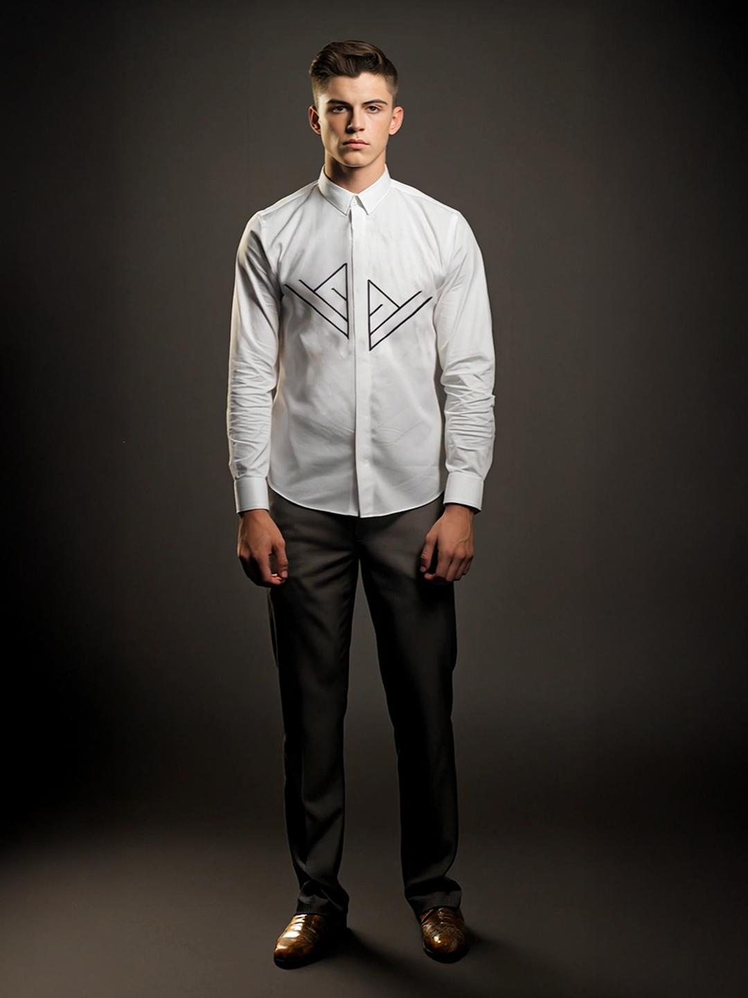 White Geometric Embroidered Party Designer Shirt For Men by HE SPOKE