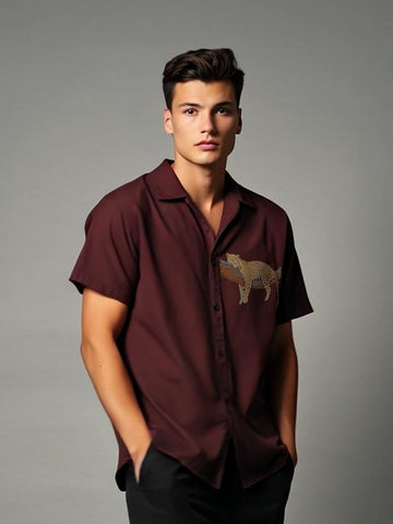 Burgundy Animal Printed Casual Designer Shirt For Men by HE SPOKE