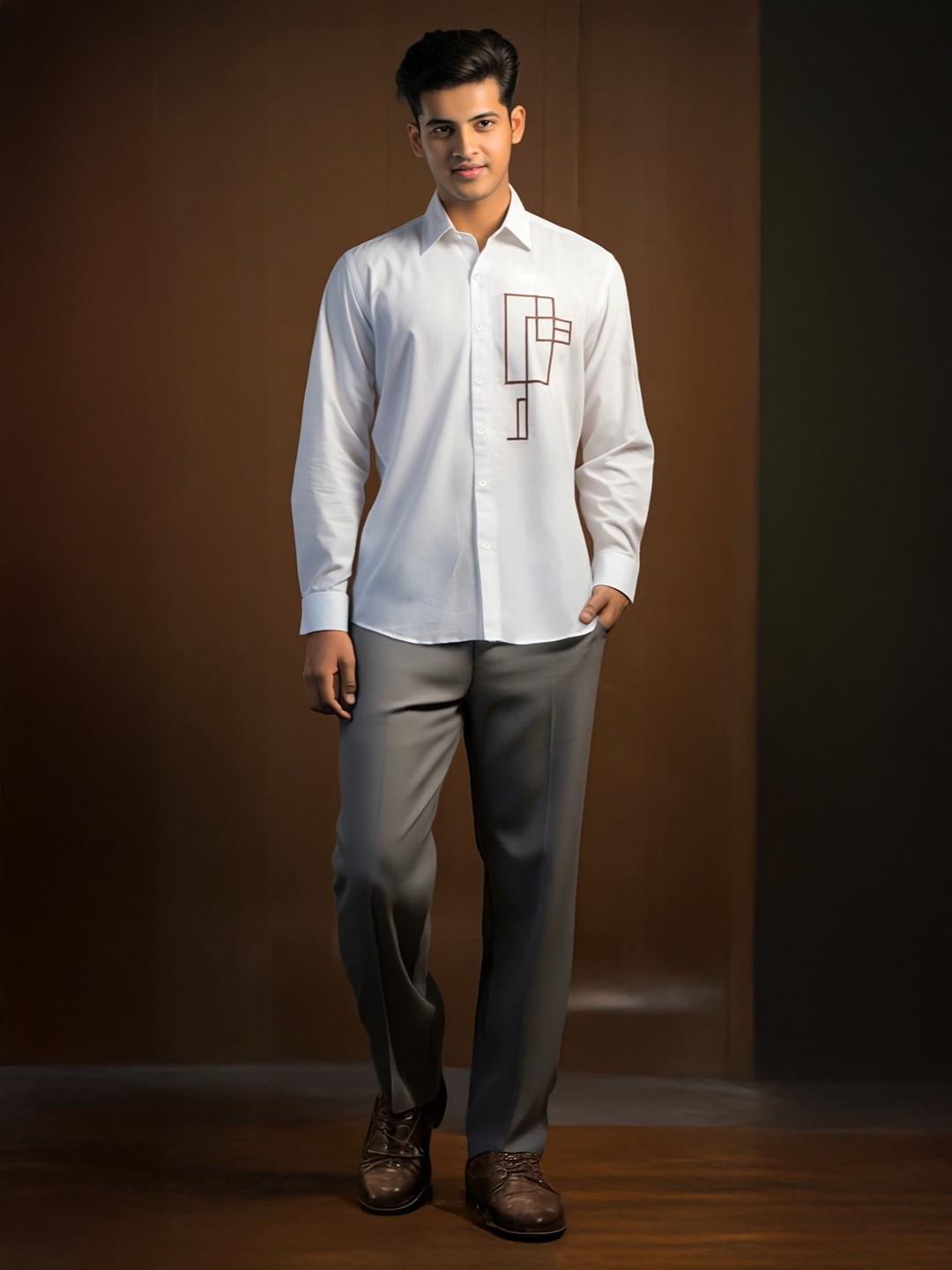 White Geometric Embroidered Casual Designer Shirt For Men by HE SPOKE