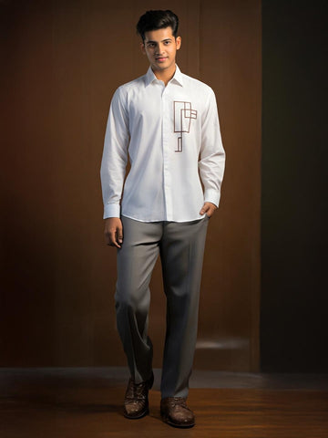 White Geometric Embroidered Casual Designer Shirt For Men by HE SPOKE