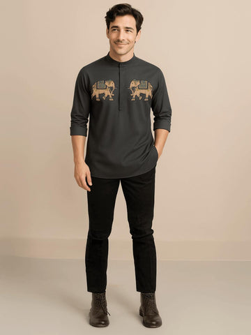Grey Animal Printed Daily Designer Kurta For Men by HE SPOKE