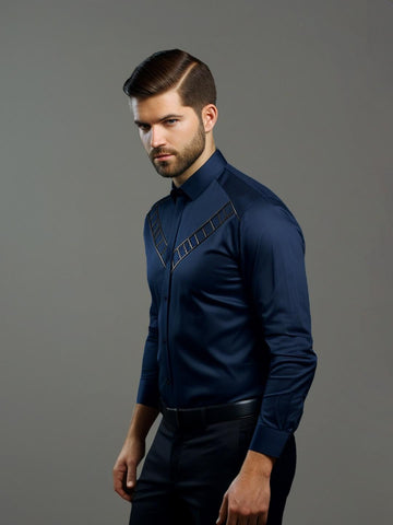 Navy Geometric Cord Party Designer Shirt For Men by HE SPOKE