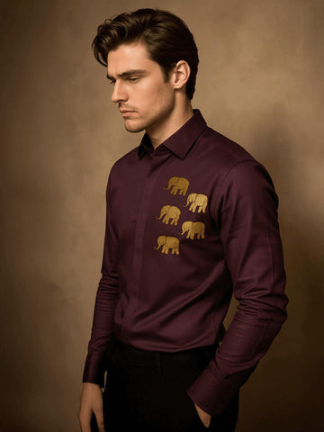 Burgundy Animal Embroidered Party Designer Shirt For Men by HE SPOKE