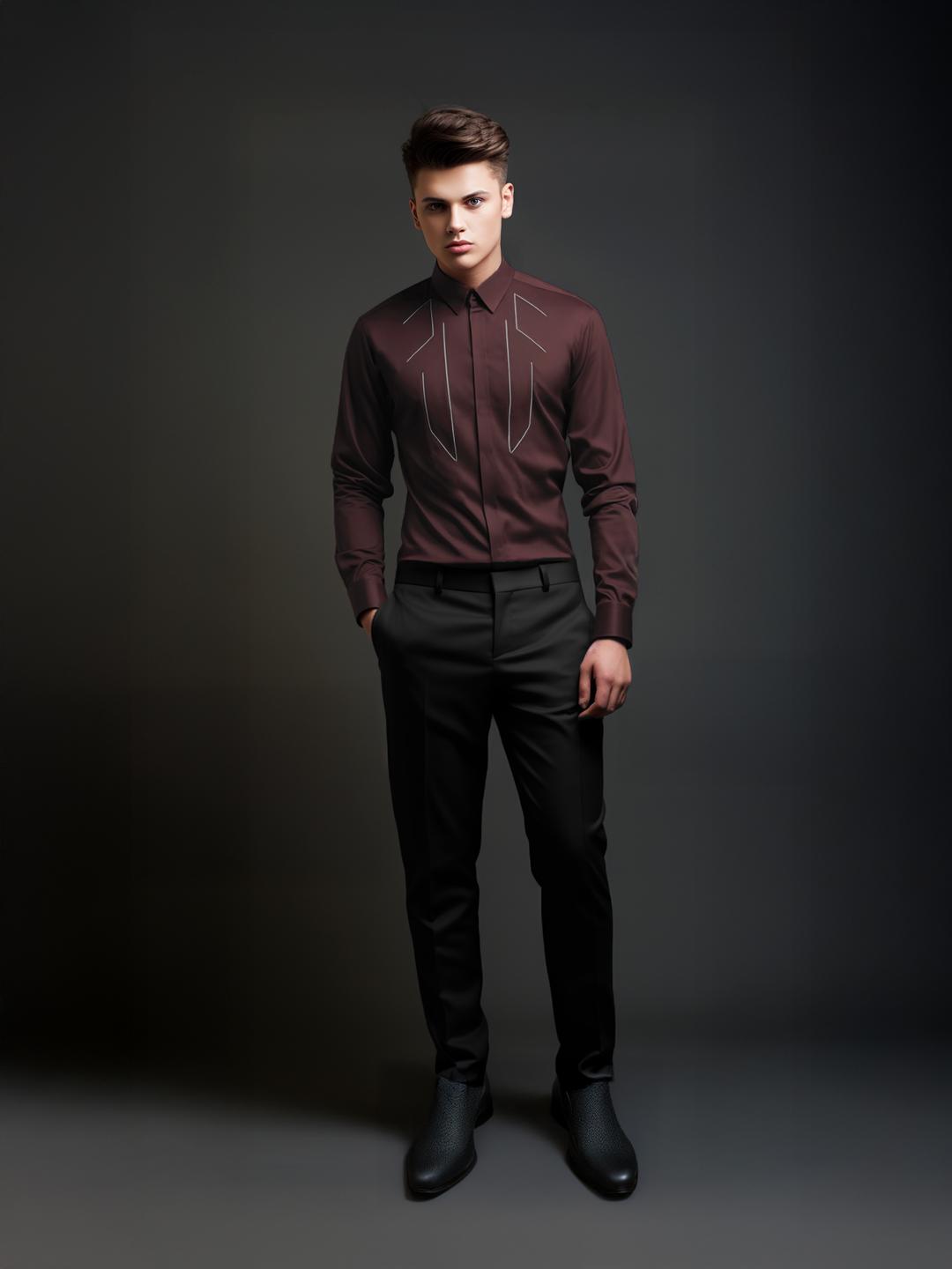 Burgundy Geometric Embroidered Party Designer Shirt For Men by HE SPOKE