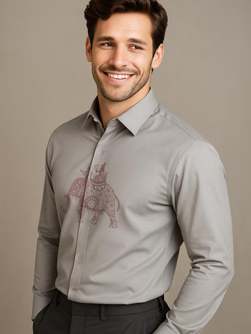 Grey Ethnic Motifs Printed Party Designer Shirt For Men by HE SPOKE