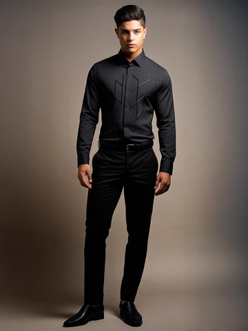 Black Geometric Embroidered Party Designer Shirt For Men by HE SPOKE