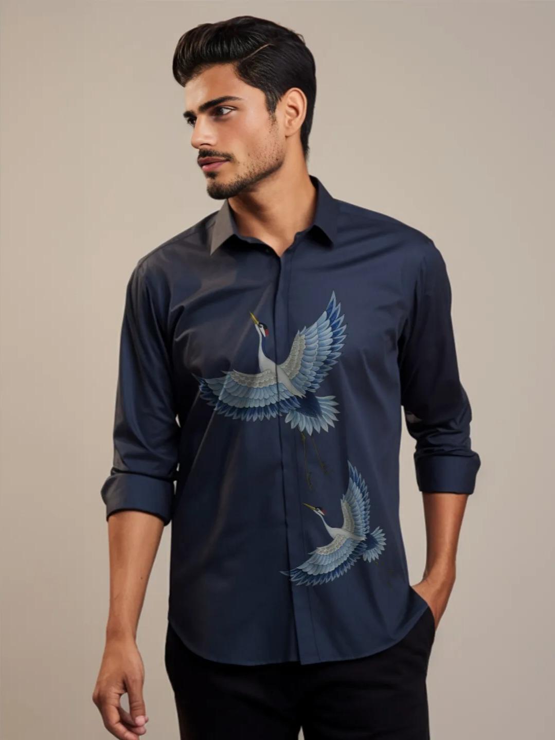 Navy Printed Casual Designer Shirt For Men by HE SPOKE