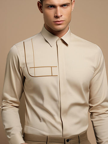 Cream Geometric Embroidered Casual Designer Shirt For Men by HE SPOKE