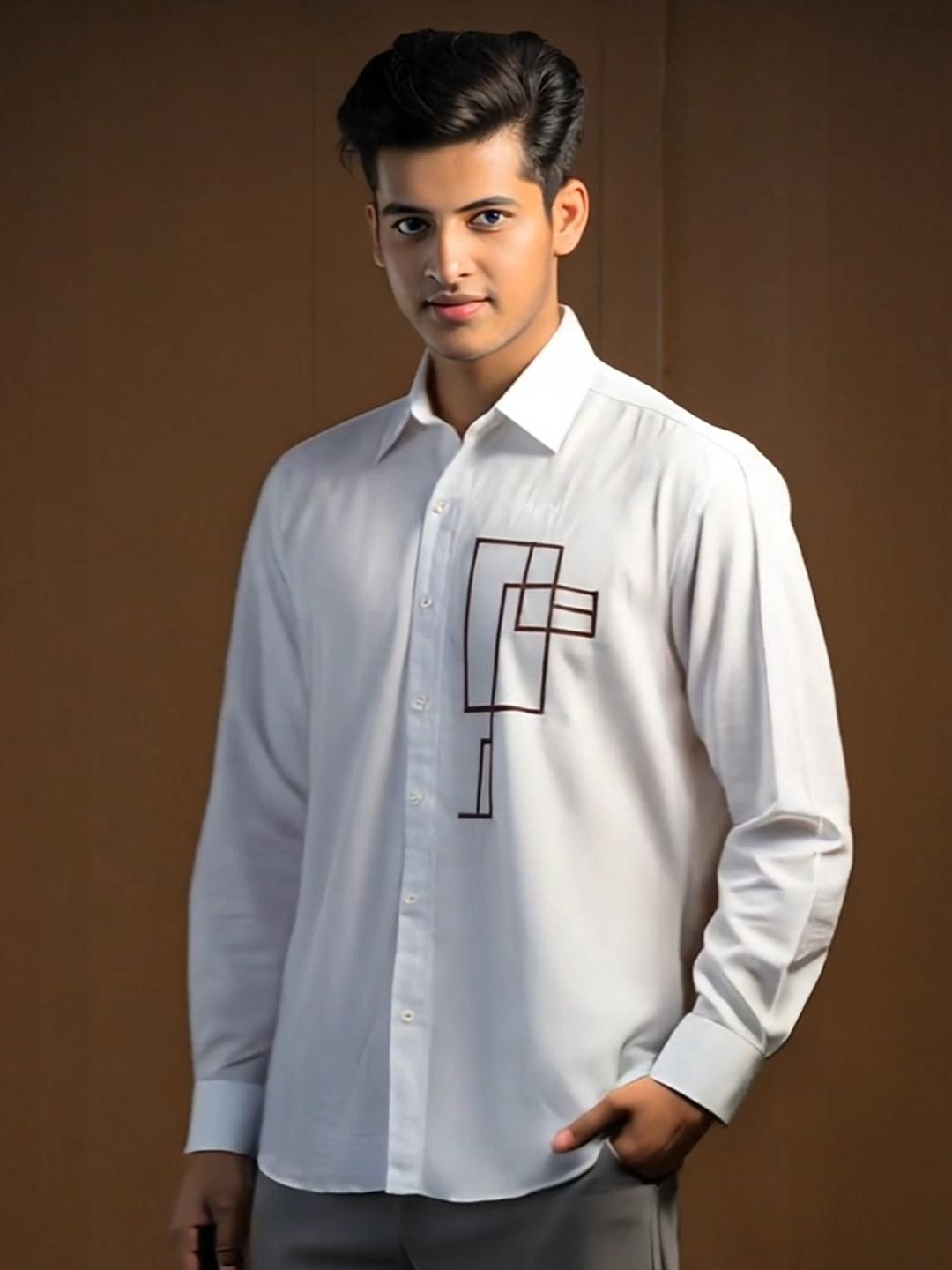 White Geometric Embroidered Casual Designer Shirt For Men by HE SPOKE