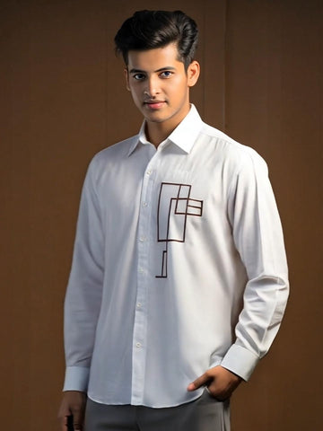 White Geometric Embroidered Casual Designer Shirt For Men by HE SPOKE
