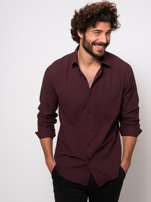 Burgundy Solid Casual Designer Shirt For Men by HE SPOKE