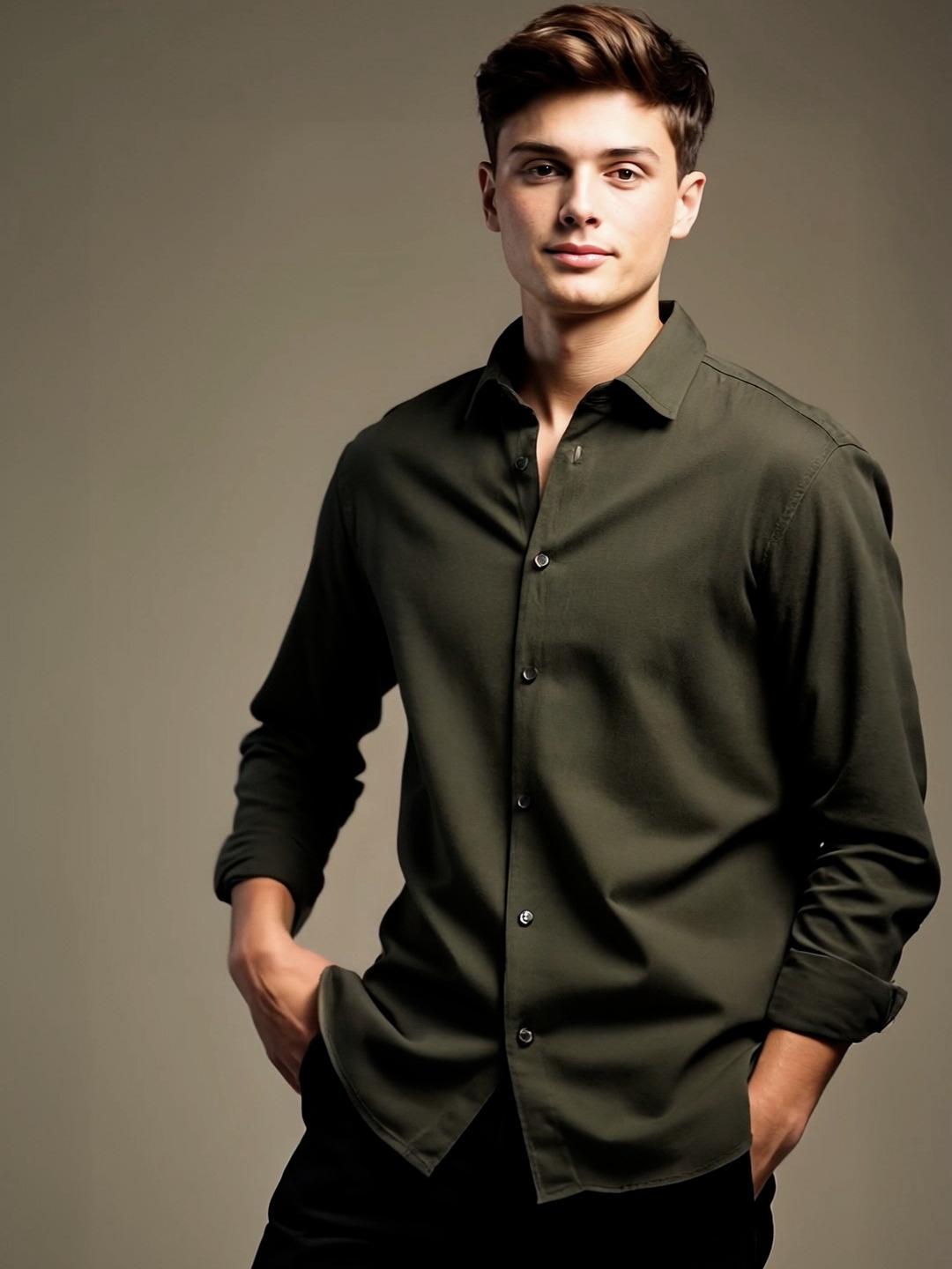 Olive Solid Casual Designer Shirt For Men by HE SPOKE