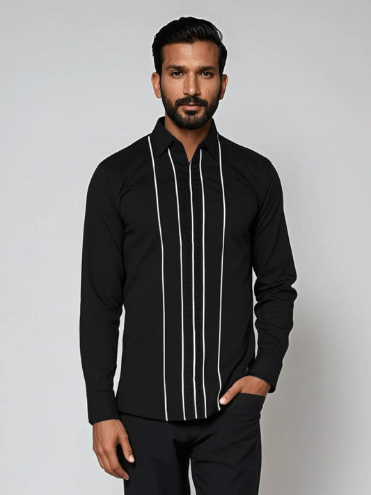 Black Vertical Stripes Cord Party Designer Shirt For Men by HE SPOKE