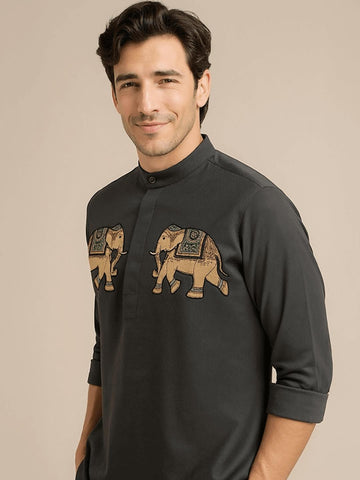 Grey Animal Printed Daily Designer Kurta For Men by HE SPOKE