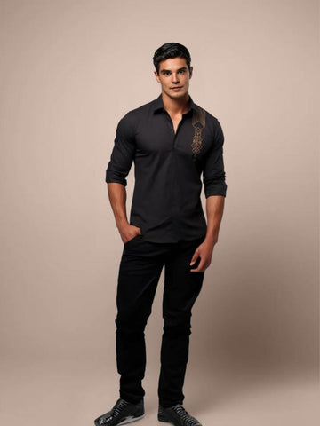 Black Conversational Printed Casual Designer Shirt For Men by HE SPOKE