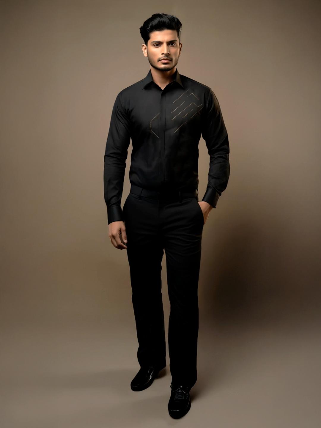 Black Geometric Embroidered Party Designer Shirt For Men by HE SPOKE