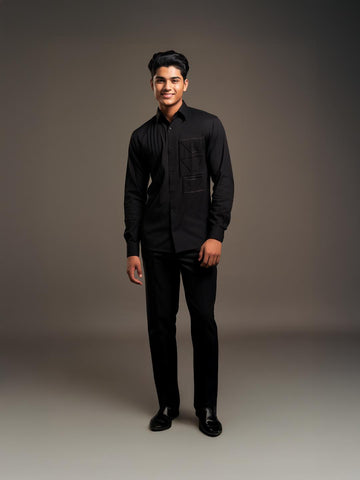 Black Geometric Embroidered Party Designer Shirt For Men by HE SPOKE