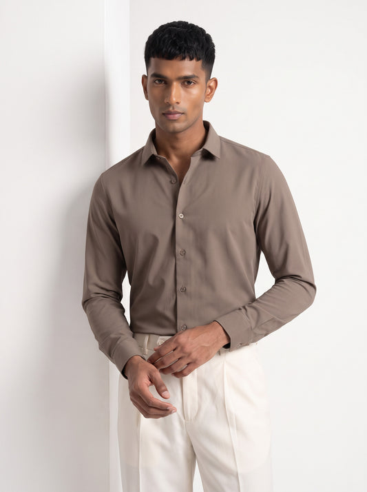 Men's Mud Brown Solid Breathable Wrinkle-Free  Regular Fit Shirt