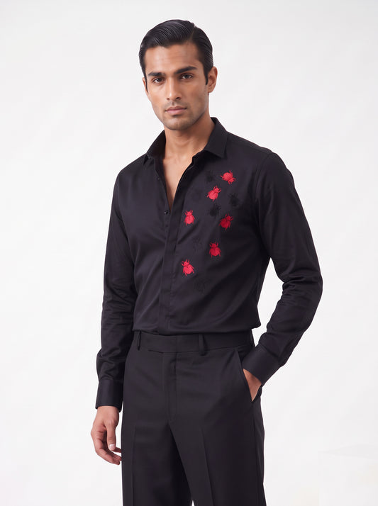 Animal Printed Satin Stretch Black Shirt