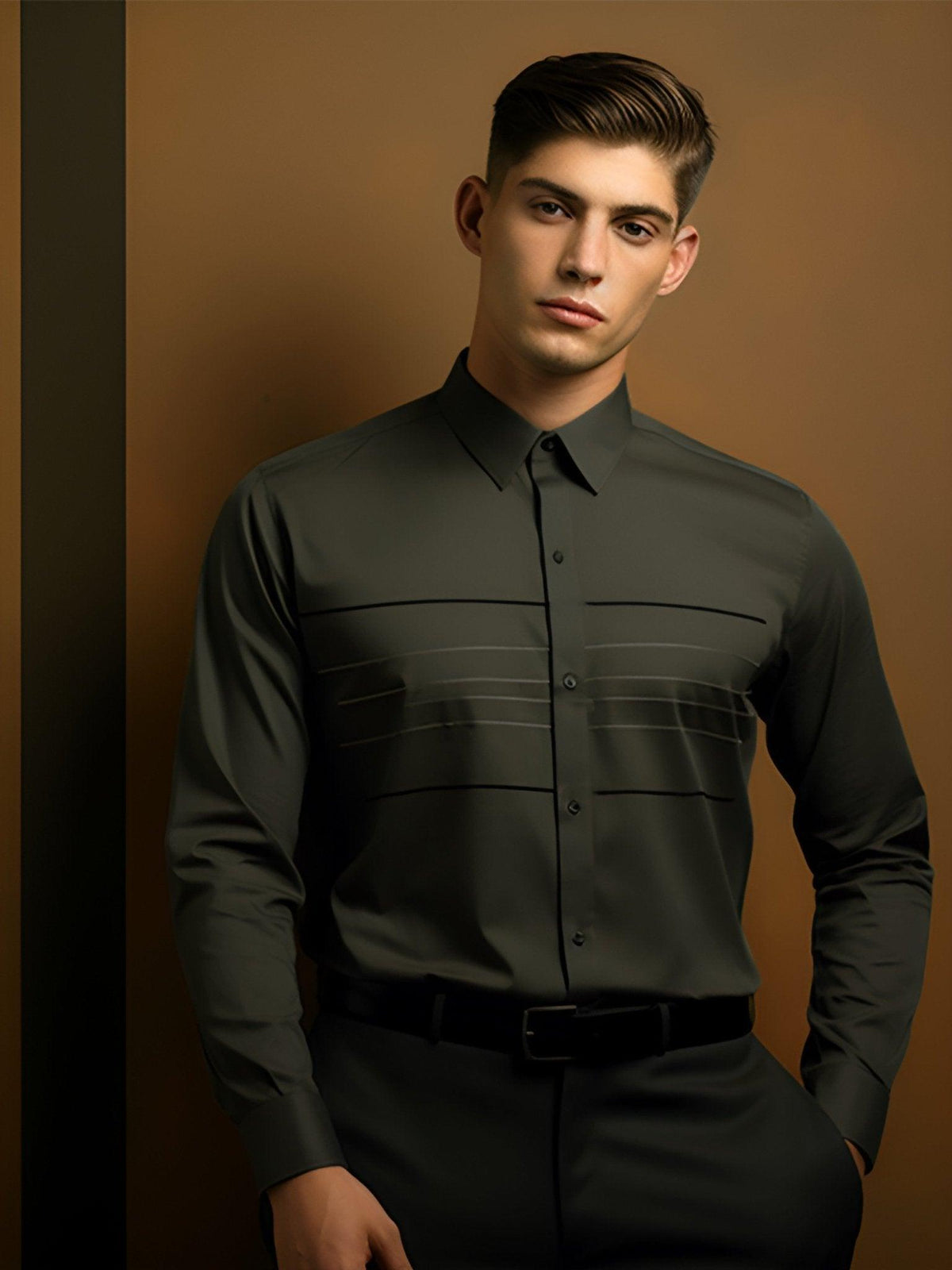 Embroidered Smart Casual Olive Shirt - HE SPOKE - For Men