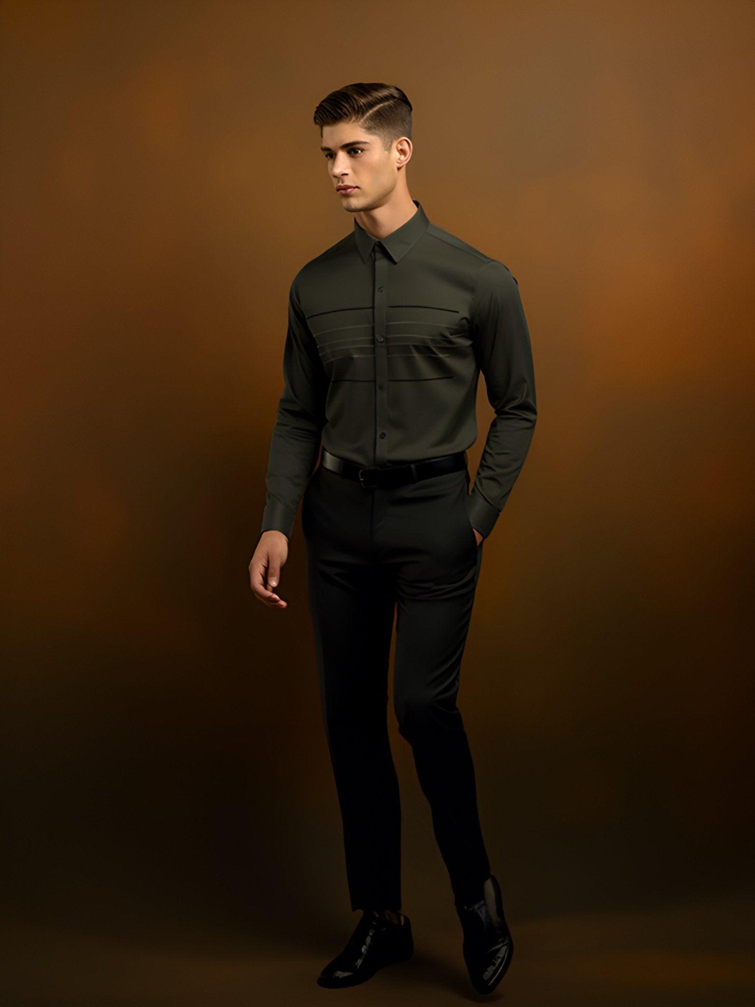 Embroidered Smart Casual Olive Shirt - HE SPOKE - For Men