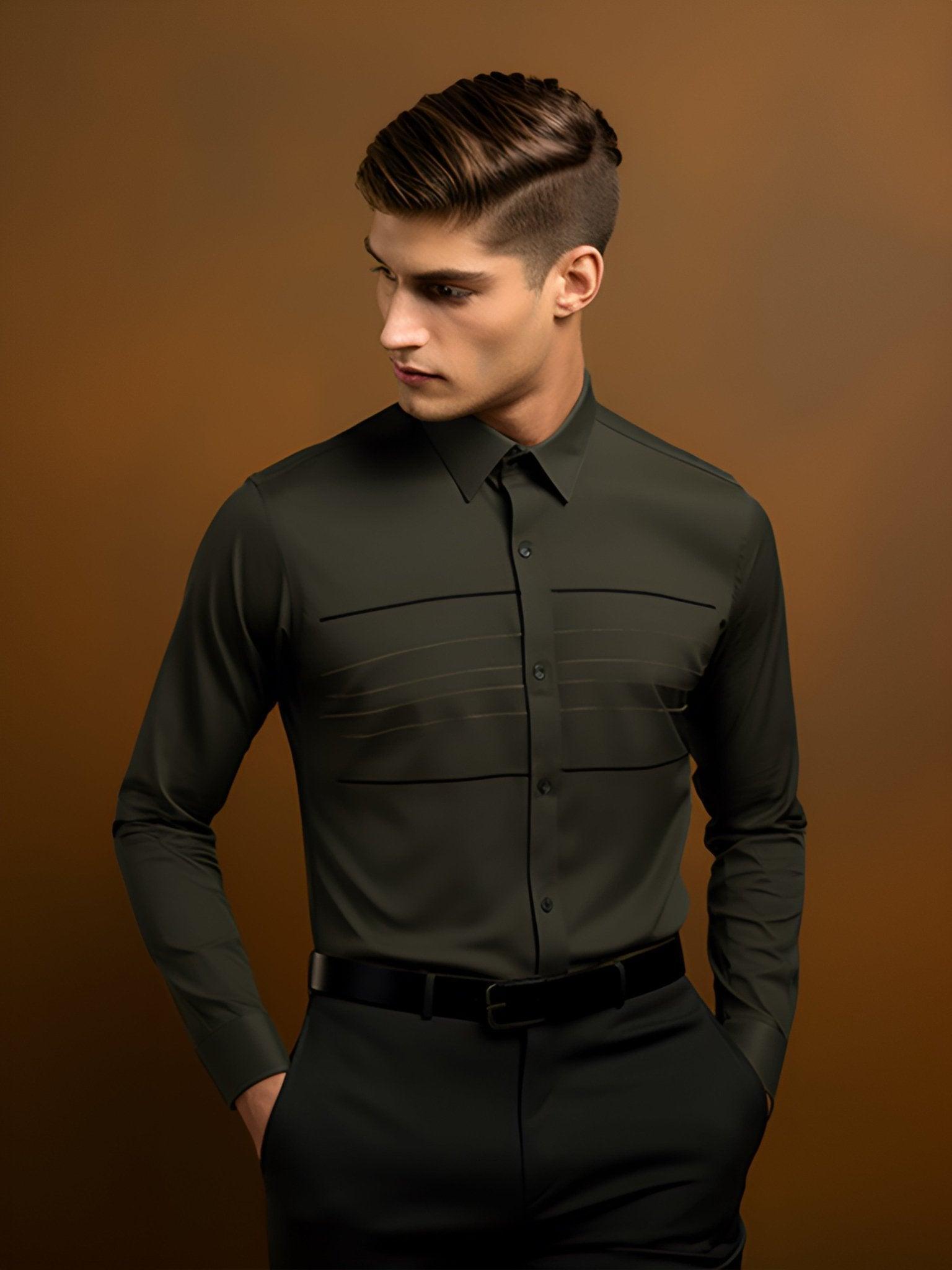 Embroidered Smart Casual Olive Shirt - HE SPOKE - For Men