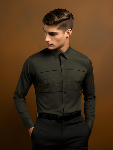 Embroidered Smart Casual Olive Shirt - HE SPOKE - For Men