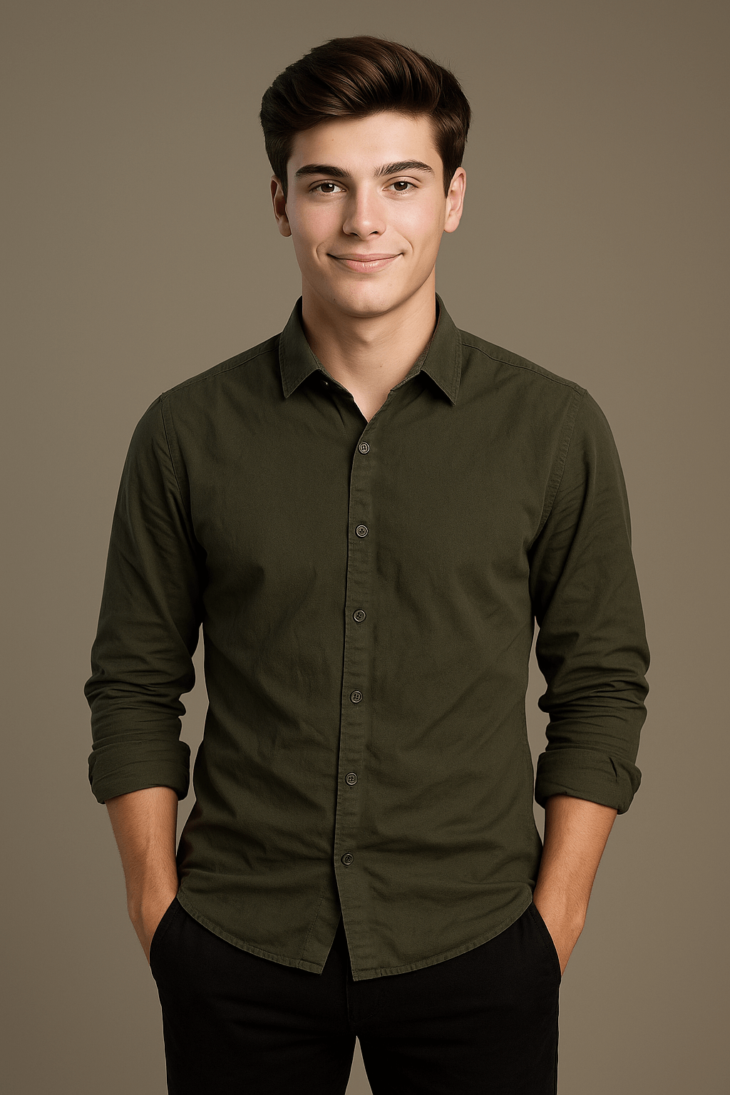 Olive Solid Cotton Twill Smart Casual Shirt
