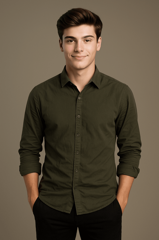 Olive Solid Cotton Twill Smart Casual Shirt