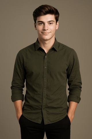 Olive Solid Cotton Twill Smart Casual Shirt