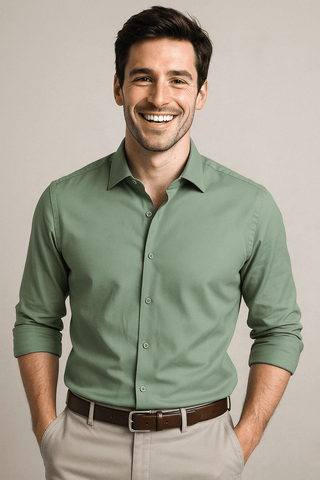 Green Solid Cotton Twill Smart Casual Shirt