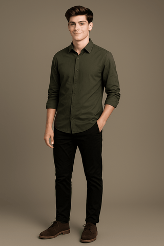 Olive Solid Cotton Twill Smart Casual Shirt