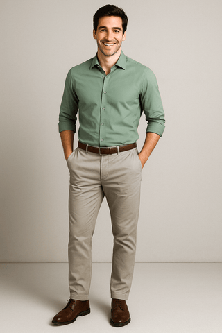 Green Solid Cotton Twill Smart Casual Shirt