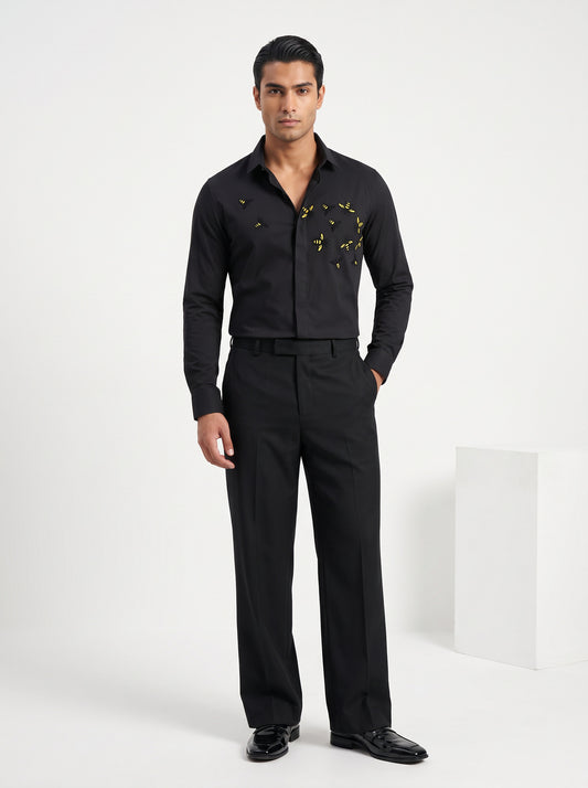 Animal Printed Satin Stretch Black Shirt