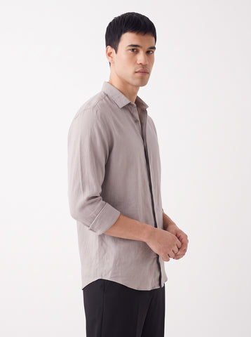 Solid Cotton Linen Look Light Grey Shirt