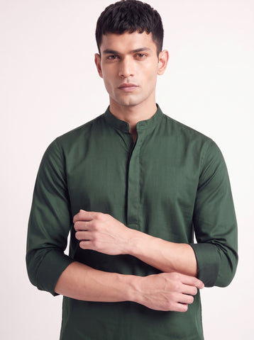 Solid Satin Stretch Bottle Green Kurta