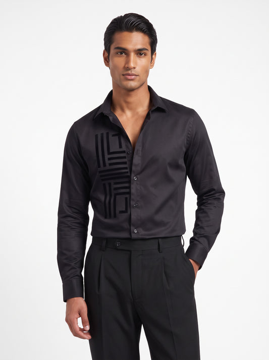 Abstract Printed Satin Stretch Black Shirt