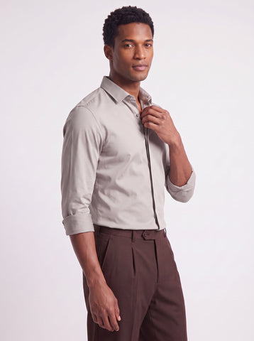 Men's Grey Solid PC Sateen Stretch Formal Shirt