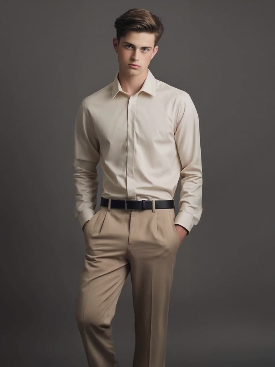 Cream Solid PC Sateen Stretch Formal Shirt