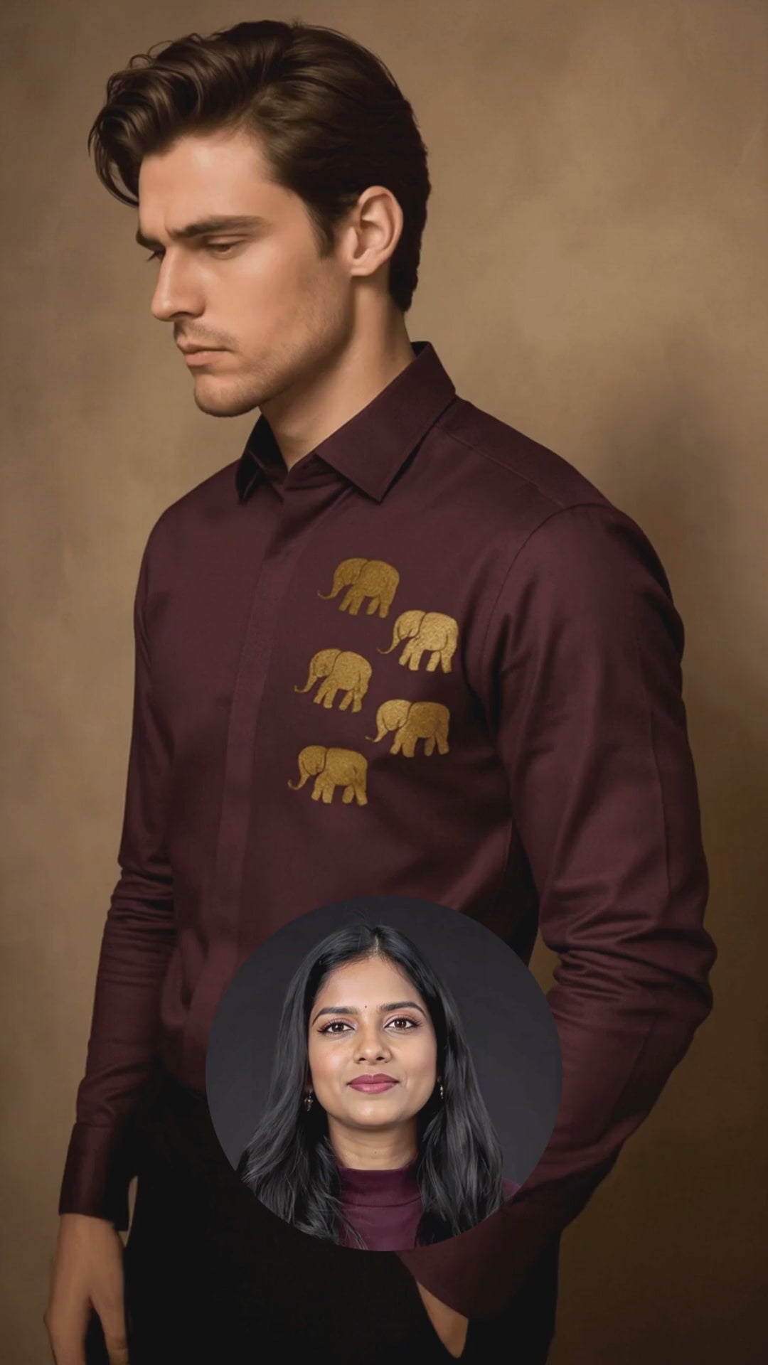 Burgundy Animal Embroidered PC Sateen Stretch Party Shirt