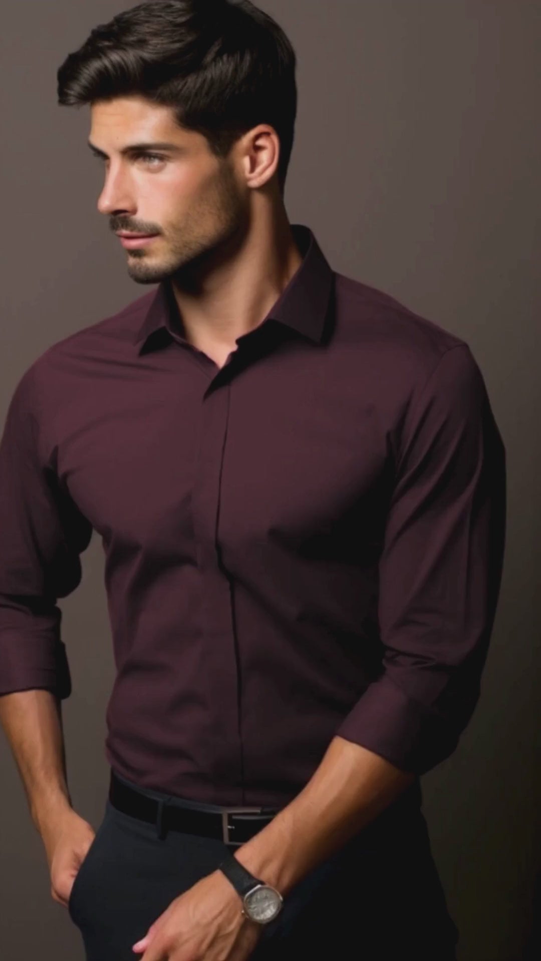 Burgundy Solid PC Sateen Stretch Formal Shirt
