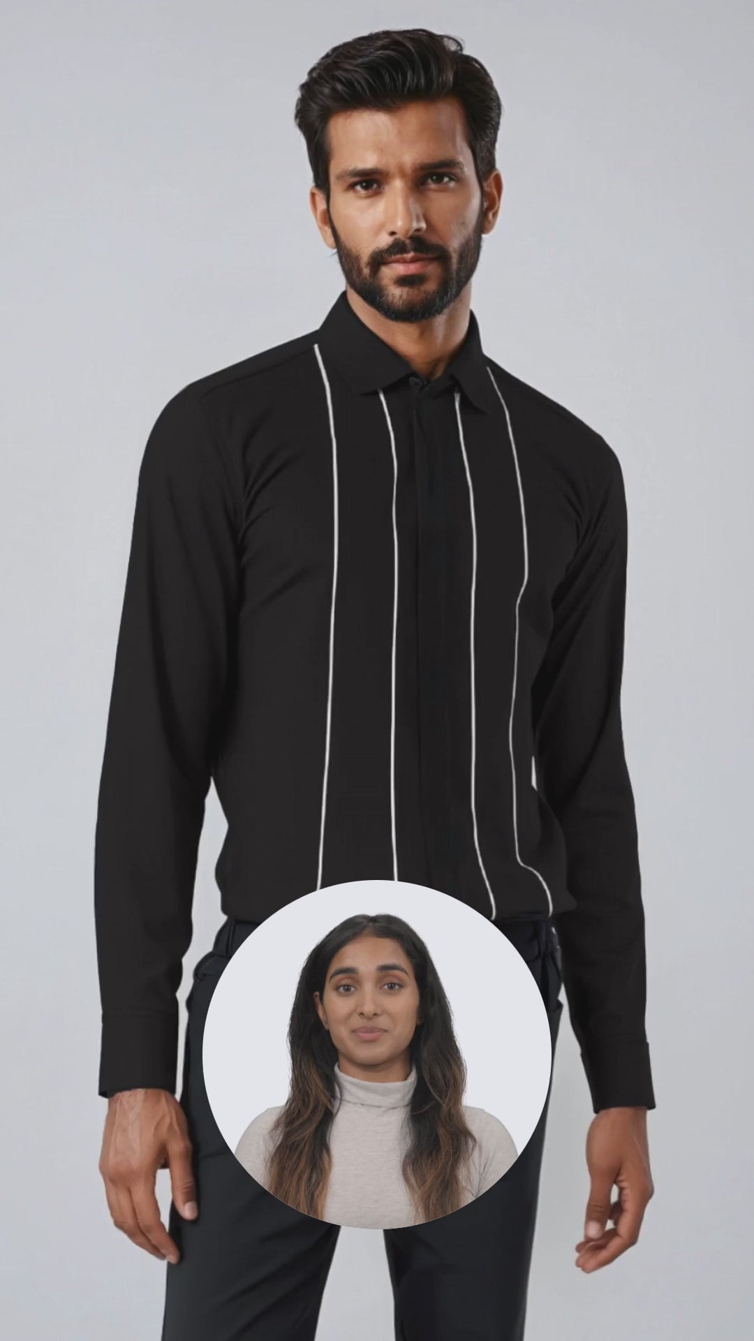 Black Vertical Stripes Printed PC Sateen Stretch Party Shirt